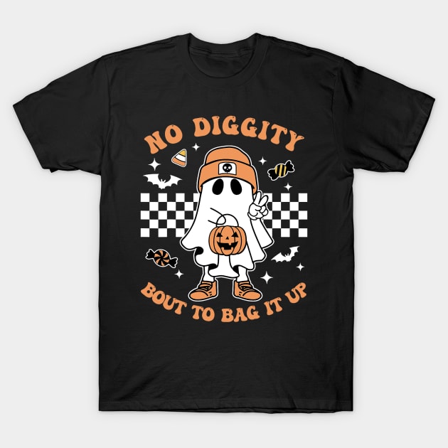 Retro Halloween Kids No Diggity Bout To Bag It Up Ghost T-Shirt by patelmillie51